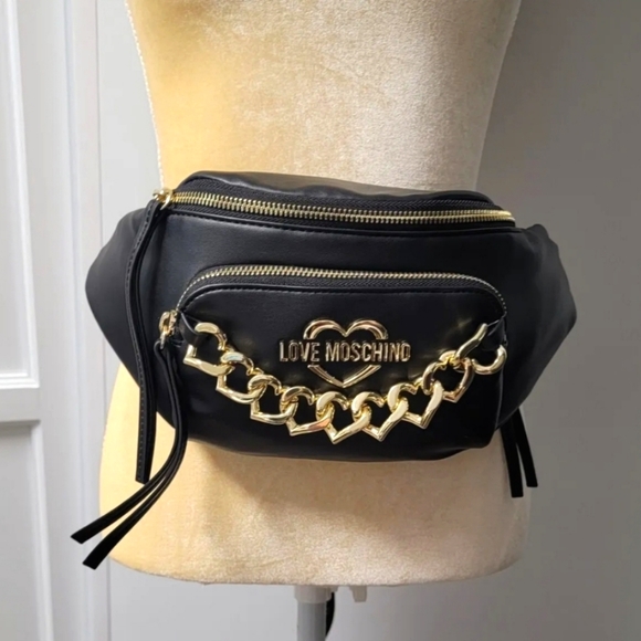 Love Moschino Handbags - LOVE MOSCHINO BLACK BELT BAG FANNY PACK CONNECTED GOLD HEARTS CHAIN DUST BAG NWT